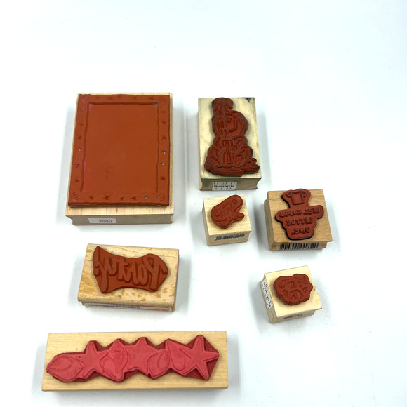 Vintage Lot 7 Rubber Stamp Lot Paper Crafting Junk Journaling Baby Shower Party - Picture 2 of 8
